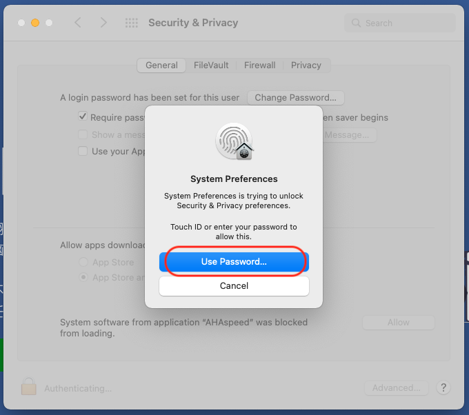 MacOS enter password to modify Security & Privacy Settings to allow app MacOS enter password to modify Security & Privacy Settings to allow app